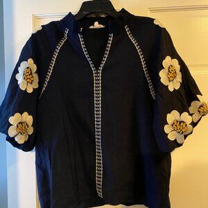 THML navy top with white and yellow embroidered puffy sleeves, size xl